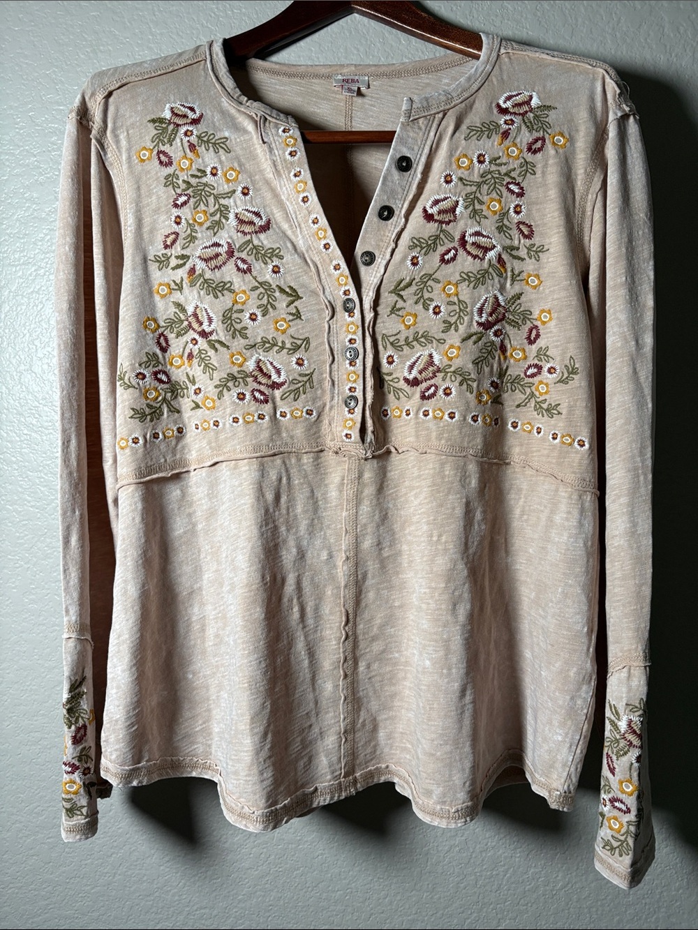 Reba Beige Floral Embroidered Henley Long Sleeve Top